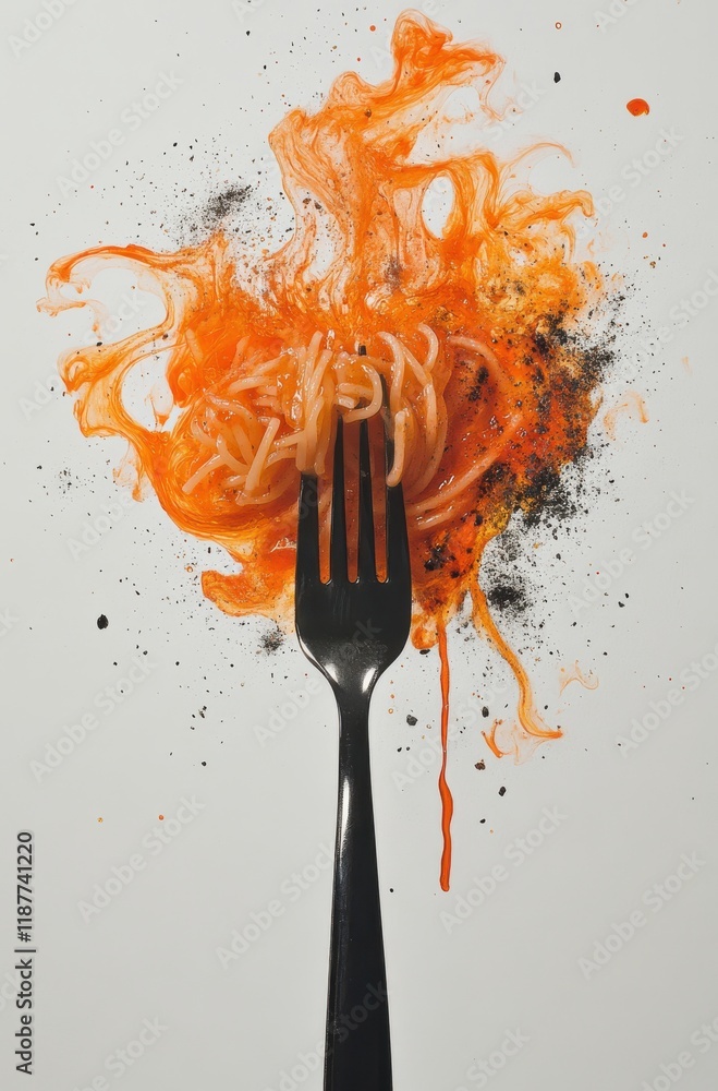 Poster artistic representation of fork with spaghetti surrounded by vibrant orange splashes and dark textur