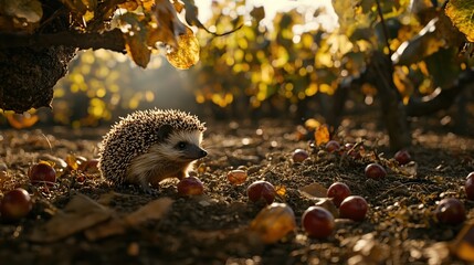Fototapeta premium Hedgehog amidst autumn vineyard, sunlight.