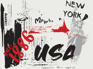 Abstract art world historic buildings illustration. statue of Liberty art,  t shirt graphics print vector illustration design, Urban USA typography, Grunge style New york and statue of liberty © Sukman