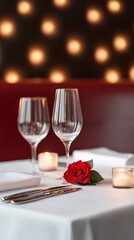 Elegant Dinner Setting with Crystal Glasses, a Single Red Rose, Soft Candle Light, and Warm Ambiance for Romantic Dining Experience
