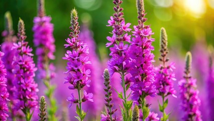 Fototapeta premium Close-Up of Lythrum Virgatum 'Dropmore Purple' Flowers in Summer, Vibrant Garden Blooms, Nature's Beauty, Botanical Art, Summer Flora, Purple Petals, Lush Green Background