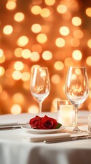 Elegant Romantic Dinner Setting with Red Roses and Champagne Glasses against a Soft Glowing Bokeh Background for Celebrations and Special Occasions