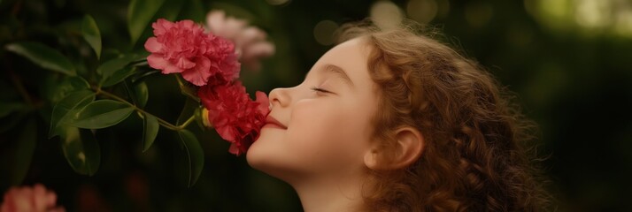 Naklejka premium A joyful young girl leans toward a blooming flower, reveling in its fragrance, symbolizing innocence and the pure joy of childhood amidst nature's wonders.