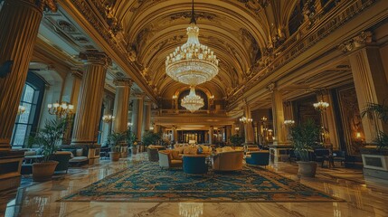 Obraz premium Elegant opulent hotel lobby with chandeliers and fine decor