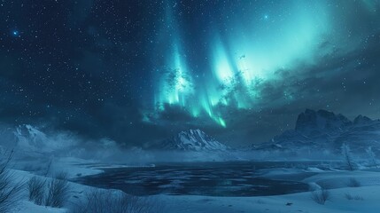 Naklejka premium Breathtaking Aurora Borealis Over Snowy Mountain Landscape at Night
