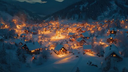 Obraz premium Serene Winter Village at Dusk with Warm Lights and Snowy Landscape