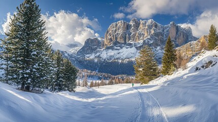 Scenic Winter Landscape with Snow-Covered Mountains and Trees