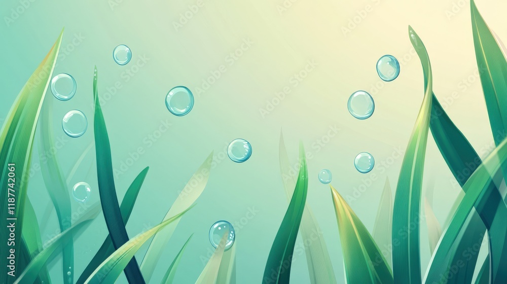 Aufkleber underwater scene featuring lush green grass with floating bubbles creating a serene and calm atmosph