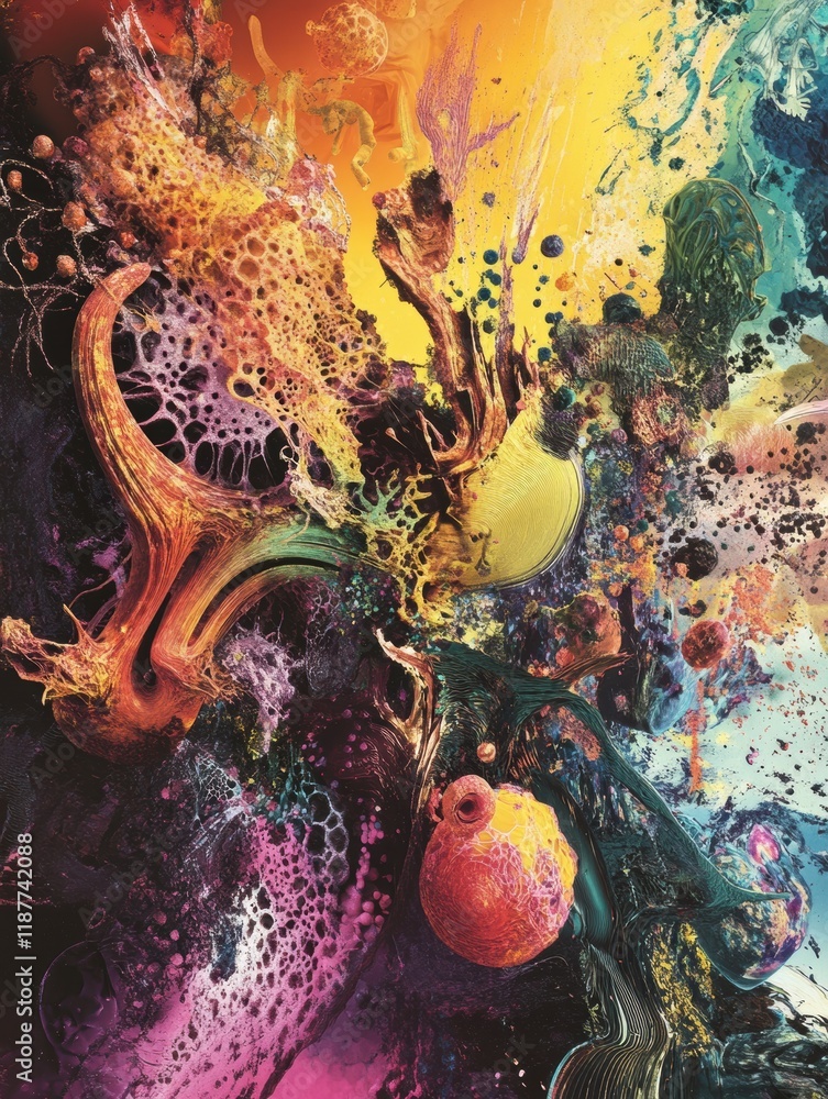 Poster virus transformation and mutation depicted through vibrant colors and intricate patterns in an abstr