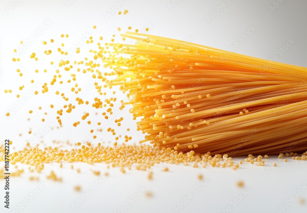 Poster close-up of fine spaghetti strands with semolina dust creating an artistic culinary display on a bri