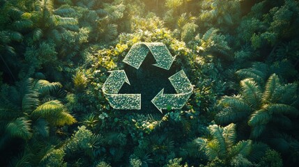 Lush green forest with recycle symbol made of leaves highlighting environmental sustainability