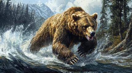 Bear Charging Through River with Mountain Landscape in Background