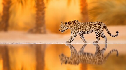 Fototapeta premium Majestic Leopard Walking Along Water's Edge in a Desert Oasis Surrounded by Palm Trees with Stunning Reflection Against Golden Sunset Background