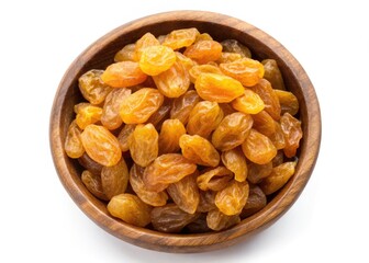 Aerial View Golden Raisins Wooden Bowl White Background Vegan Food Top View