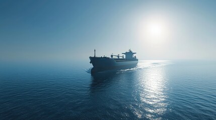 Obraz premium Large cargo ship sailing on calm ocean waters at sunrise