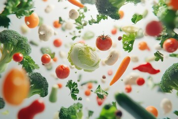 Floating vegetables, healthy food, vibrant colors.