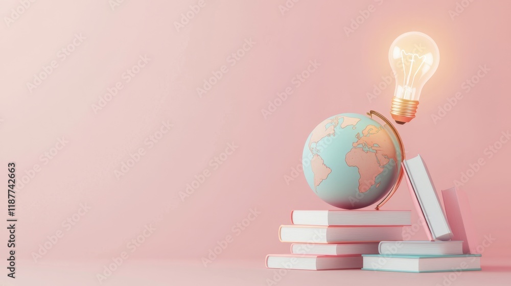 Aufkleber global education concept: illuminated globe on stack of books with glowing light bulb symbolizing id