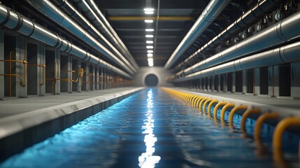 Underground Nuclear Reactor Chamber with Glowing Water and Industrial Infrastructure Elements