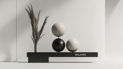 A white and black vase with two white and black balls on top of it