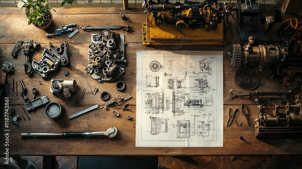 Poster detailed view of mechanical workshop with tools and technical drawings