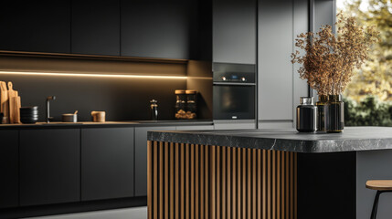 Dark and black modern kitchen with large kitchen  wooden slats
