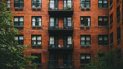 Fototapeta premium Urban Brick Building with Balconies and Greenery in Cityscape