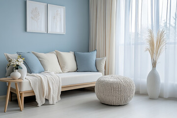 minimalist living room with light colored laminate and  blue tone