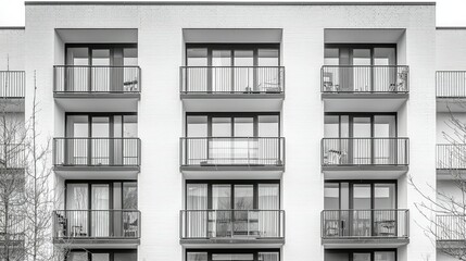Obraz premium Modern Apartment Building Facade with Balconies and Large Windows