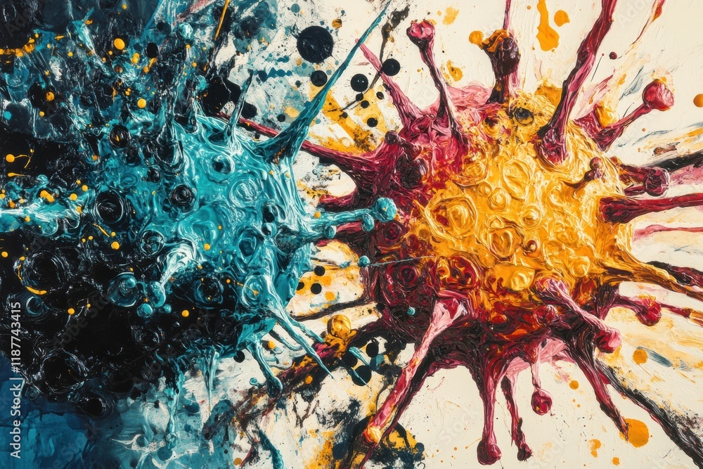 Poster Virus transformation and mutation captured in vibrant colors emphasizing dynamic changes and variations in structure and form. Generative AI
