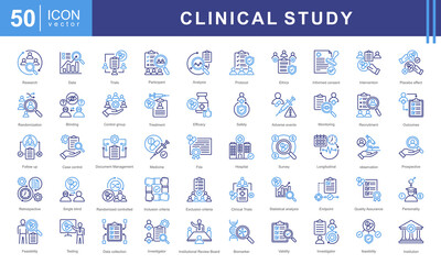Clinical study icon collection set. Containing adverse event, baseline, double blind, blinding, case report form, endpoint, clinical trial icon.