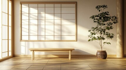 Obraz premium Tranquil Room with Wooden Bench and Japanese Style Window Design