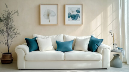 White sofa with teal pillows stucco wall  Minimalist interior design living room