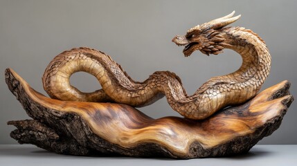 Fototapeta premium Intricately carved wooden dragon sculpture on natural wood base