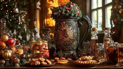 Fototapeta premium Festive Christmas still life with ornaments, cookies, and drinks in a historic setting.