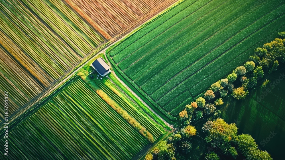 Poster aerial view of colorful agricultural fields with house and trees