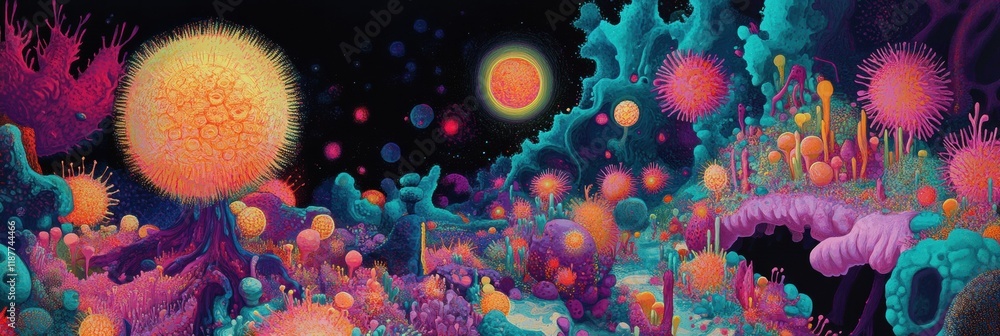 Poster vibrant microscopic landscape with glowing viruses in an otherworldly environment. generative ai