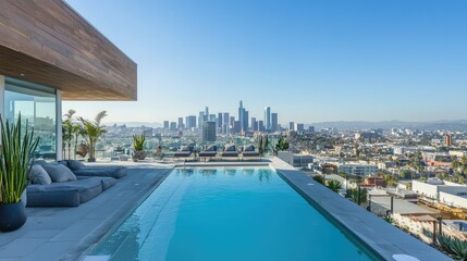 Fototapeta premium Modern Infinity Pool with Cityscape View in Los Angeles
