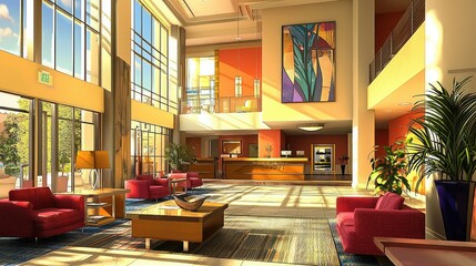 Bright and Spacious Lobby with Modern Decor and Vibrant Artwork