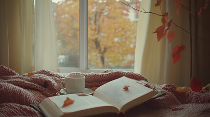 Cozy Autumn Window Reading Book, Tea, Leaves
