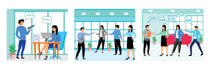 Fototapeta premium Employees standing and sitting. Office Team Engaged in Discussion. Empty speech bubbles. Set flat vector modern illustration