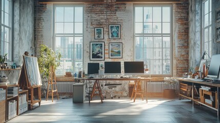 Obraz premium Cozy Modern Workspace with Natural Light and Artistic Décor