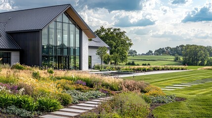 Obraz premium Modern Landscape Design with Elegant Architecture and Beautiful Gardens