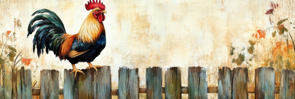 Poster vibrant rooster balancing on a rustic wooden fence in a quaint countryside setting amid autumn flowe
