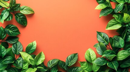 Fototapeta premium Lush green leaves frame coral background; nature, design, template