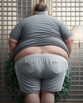 Rear portrait of an overweight man in casual clothing standing in front of a glass wall