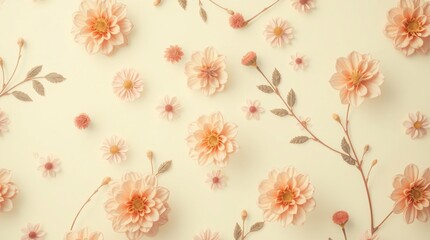 A visually captivating display of soft peach-colored flowers beautifully arranged on a beige background, evoking elegance, serenity, and a delicate sense of beauty