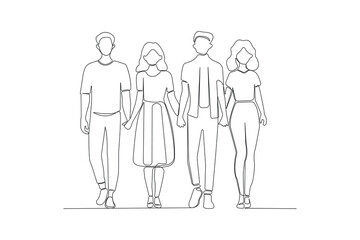 People holding hands together one-line art drawing isolated on white background. Vector illustration.