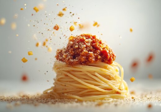 Delicious and Fresh Italian Pasta Dish with Sauce and Herbs in a Beautifully Styled Presentation on a Light Background