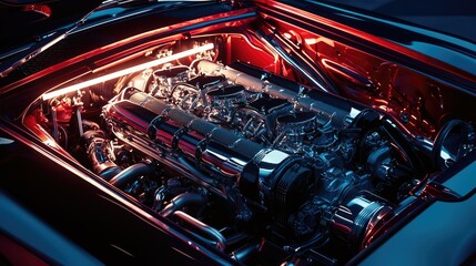 Fototapeta premium Polished Car Engine with Chrome Finish Under Dramatic Lighting