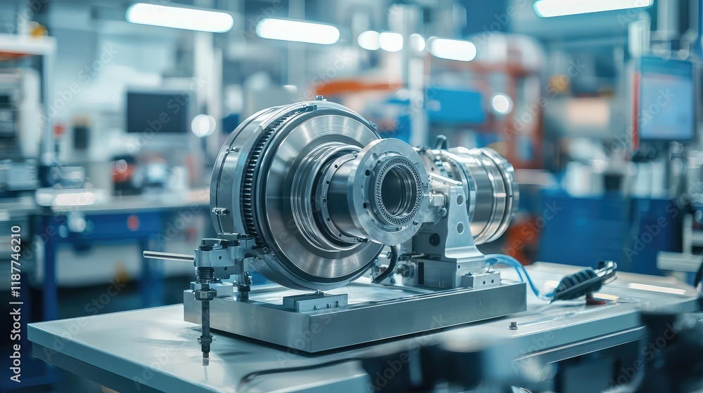 Poster precision engine component on workshop table in modern facility